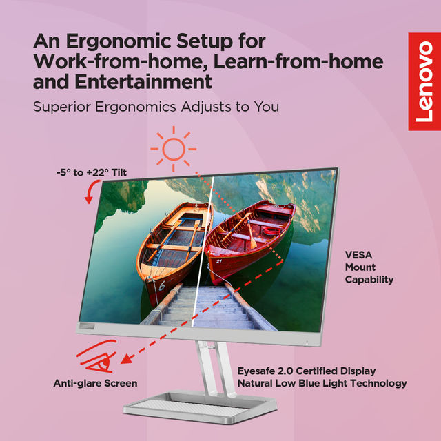 Lenovo L22i-40 21.45 inch FHD IPS Ultraslim Monitor, 2x3W Speakers, 99%sRGB,HDMI, Cloud Grey