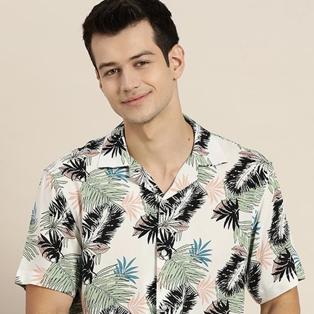 Hancock Men's Tropical Printed Cuban Collar Short Sleeve Casual Shirt - White & Green | 44