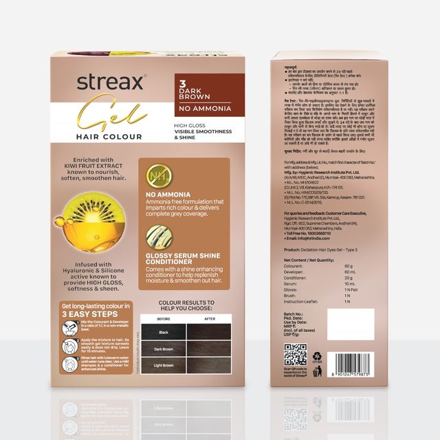 Streax Gel Hair Colour For Women, Dark Brown 3 , |No Ammonia Hair Color|100% Grey Coverage