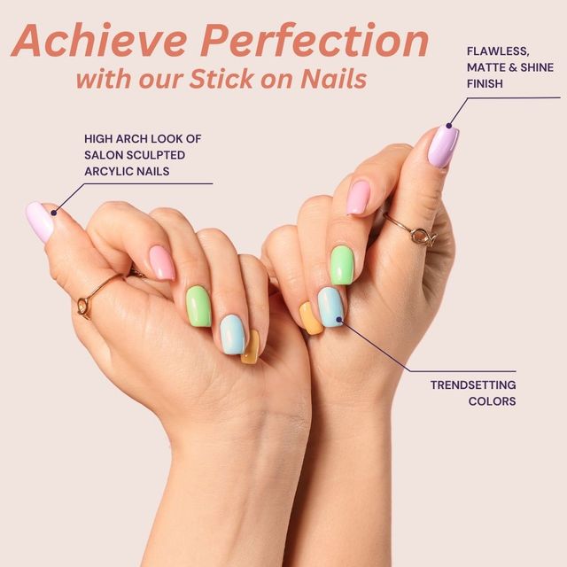 Sanfe Instant Stick On Nails - Solid Almond 24 Reusable Artificial Fake Nail, Salon Look