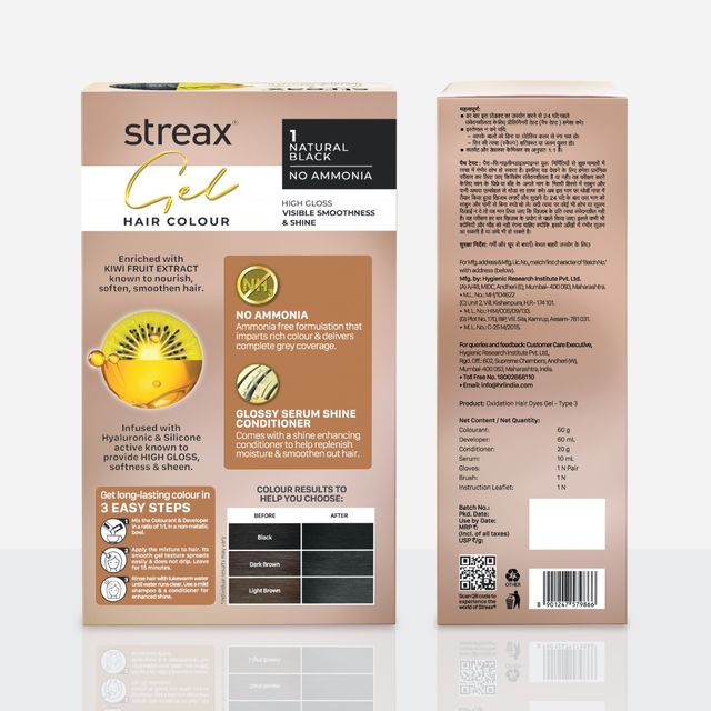 Streax Gel Hair Colour For Women, Natural Black 1 , |No Ammonia Hair Color|100% Grey Coverage