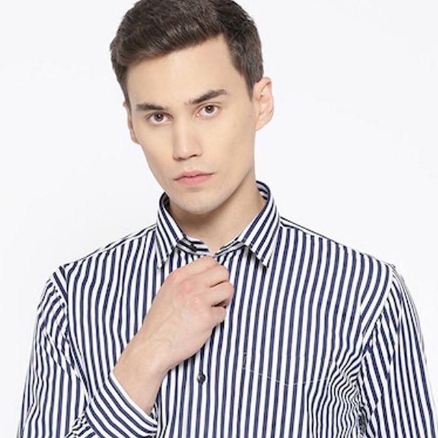 Hancock Men's Striped Spread Collar Long Sleeves Pure Cotton Formal Shirt - White & Navy | 42
