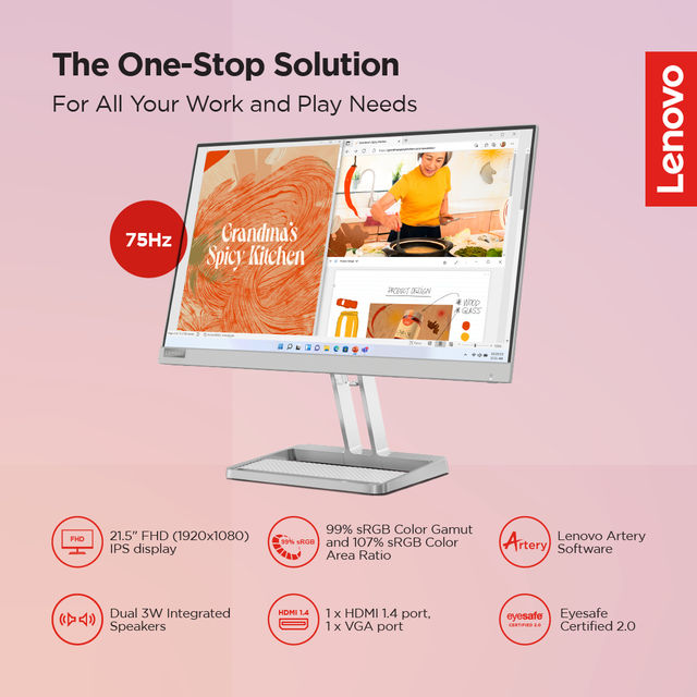 Lenovo L22i-40 21.45 inch FHD IPS Ultraslim Monitor, 2x3W Speakers, 99%sRGB,HDMI, Cloud Grey
