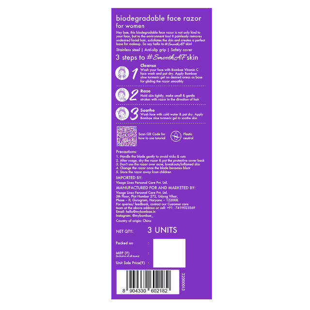 Bombae Biodegradable Face And Eyebrow Razor For Women| Reusable| 3 Pieces