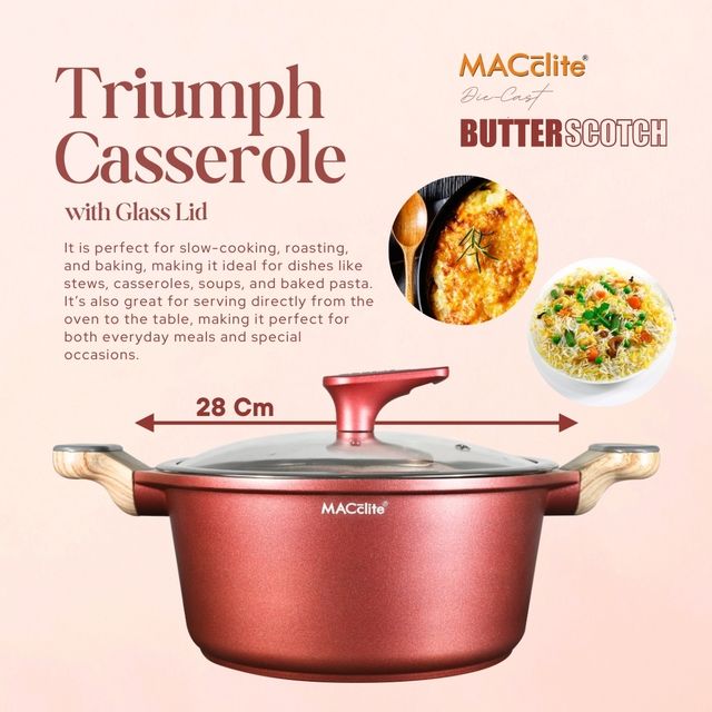 Macclite Non-Stick PDC Granite+ Induction Base Butter Scotch Triumph Casserole 28 cm with Glass Lid