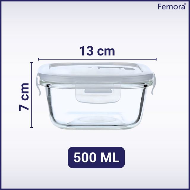 Femora Borosilicate Glass Microwave Safe Square Food Storage Container With Air Vent Lid 500Ml
