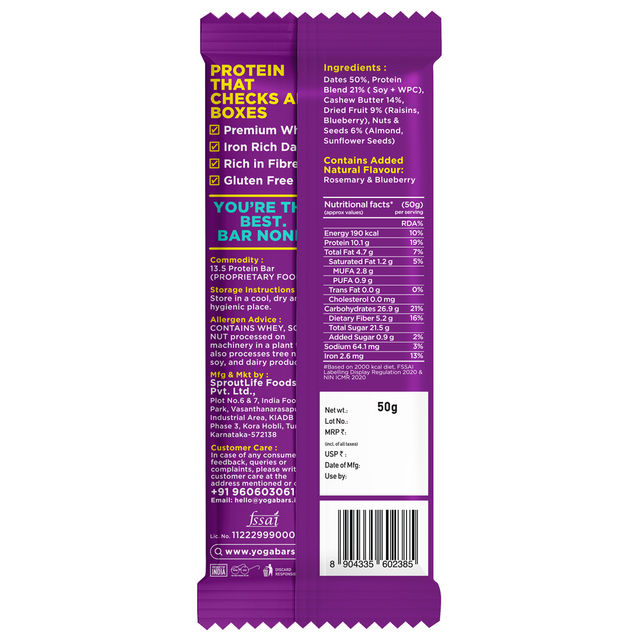 Yogabar 10 grams Protein Bars, Blueberry Blast, Protein Blend & Premium Whey 50 g Combo
