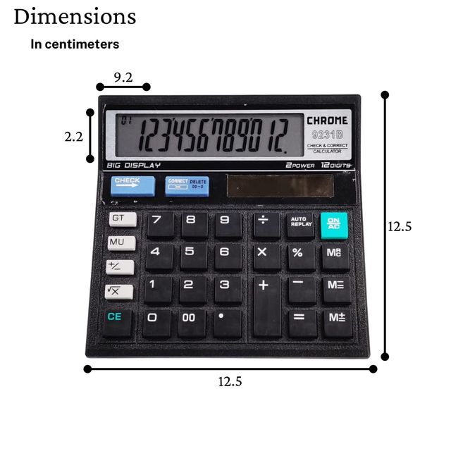 Chrome Check & Correct Basic Calculator Black (12 Digit)