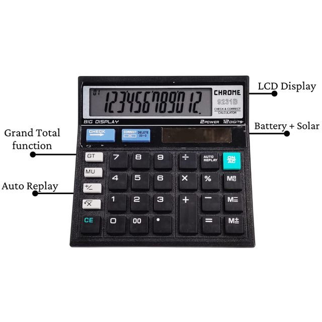 Chrome Check & Correct Basic Calculator Black (12 Digit)