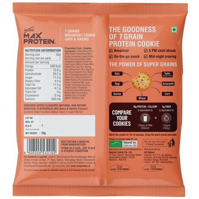 Ritebite Max Protein Cookie Oats & Raisins, No Maida Multigrain Premium Biscuit Cookies
