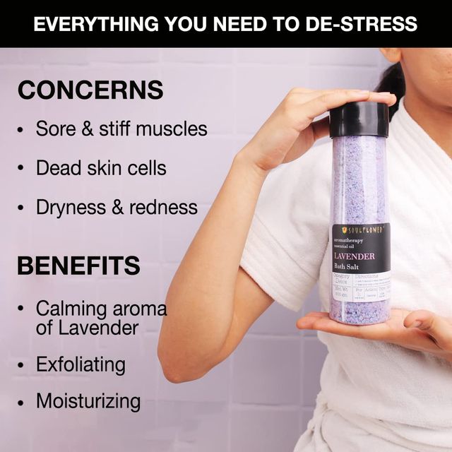 Soulflower Lavender Bath Salt For Muscle Relief & Relaxation(500gms) & Soulflower Lavender Essential Oil(15ml) Combo