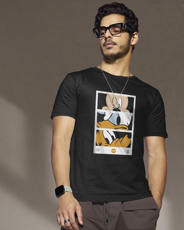 Bewakoof Disney Merchandise Men's Black Mickey Trio Call (DL) Graphic Printed T-shirt(2XL)