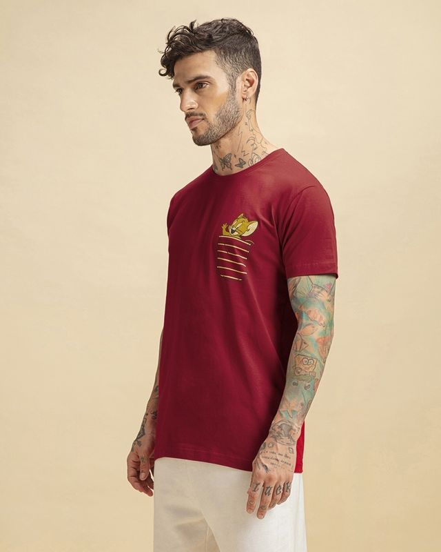 Bewakoof Tom & Jerry Merchandise Men's Red Pocket Jerry Graphic Printed T-shirt - L