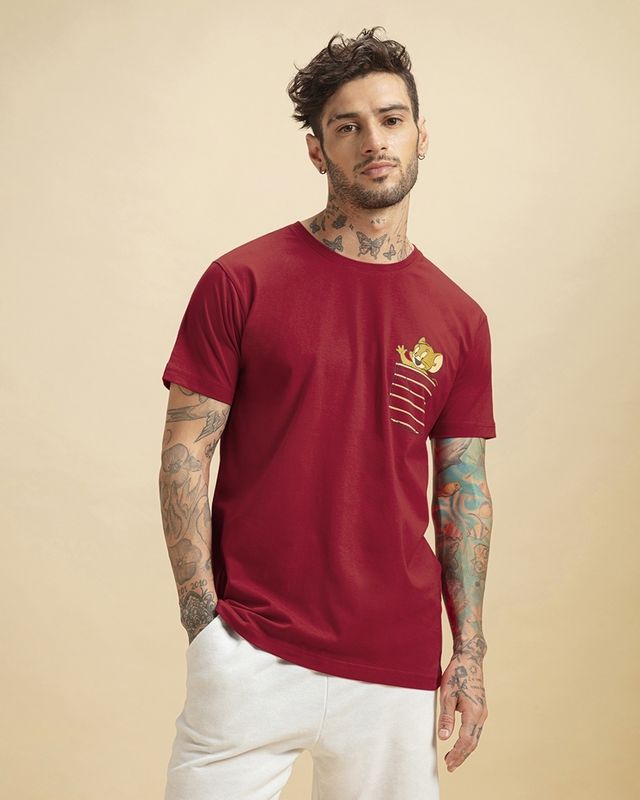 Bewakoof Tom & Jerry Merchandise Men's Red Pocket Jerry Graphic Printed T-shirt - L