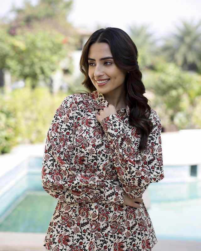 Sanskrutihomes Floral Printed Shirt Collar Pure Cotton Night Suit | Black - Red - White | S