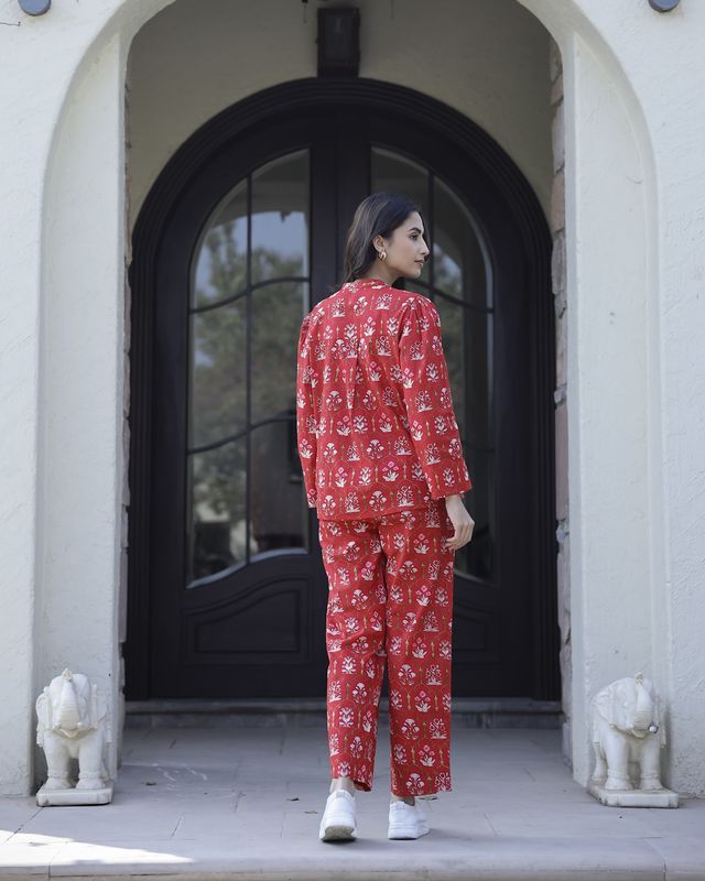 Sanskrutihomes Floral Printed Pure Cotton Co-Ords Set | Red - XXL