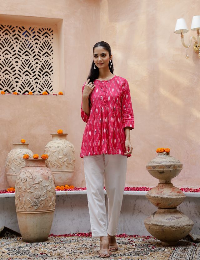 Rangdeep Geometric Printed Pure Cotton Kurti with Trouser for Women s | Pink | XXL
