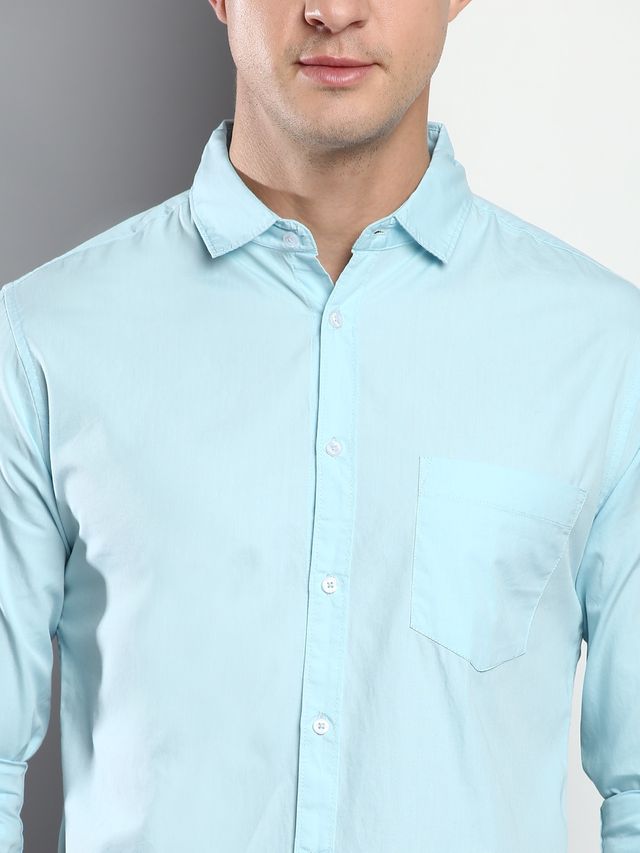Dennis Lingo Men's Cotton Solid Slim Fit Casual Shirt | Turquoise Blue | L
