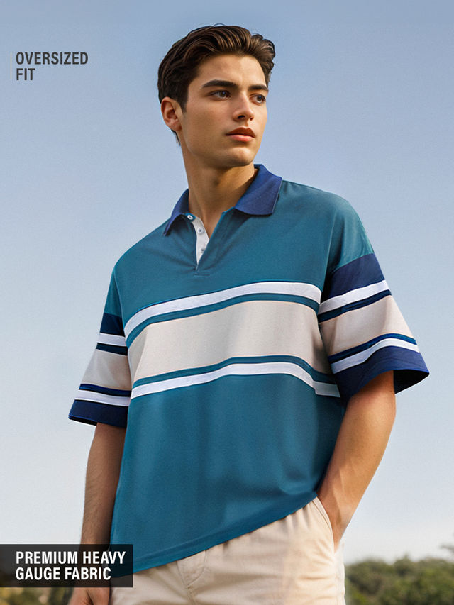 The Souled Store Men's Solids Colourblock Oversized Polo | Ocean Blue - M