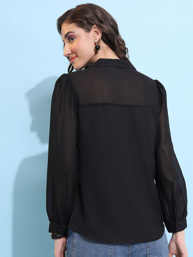 Tokyo Talkies Women's Collar Puff Sleeve Shirt Style Top | Black - S