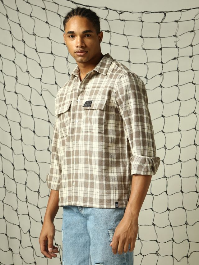 Hubberholme Men's Spread Collar Tartan Checks Double Pockets Oversized Casual Shirt | Beige - 40