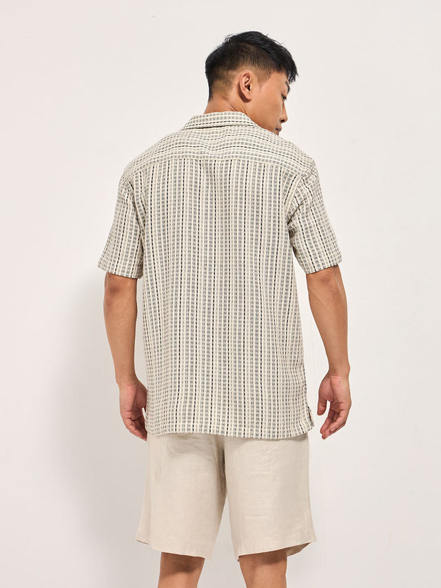 THE BEAR HOUSE Men's Pure Cotton Striped Regular Fit Shirt | TBH-PUNTILO-CR | Cream - L