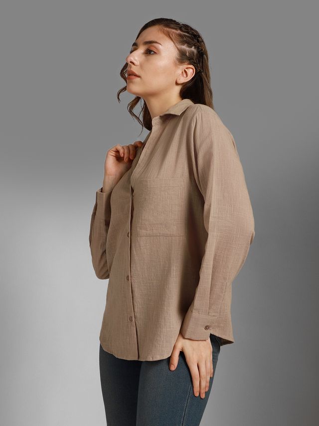 High Star Women Sand Classic Spread Collar Long Sleeves Cotton Casual Shirt (Size-XL)