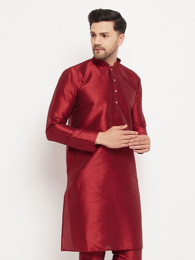 Vastramay Men's Silk Blend Kurta | Maroon - L