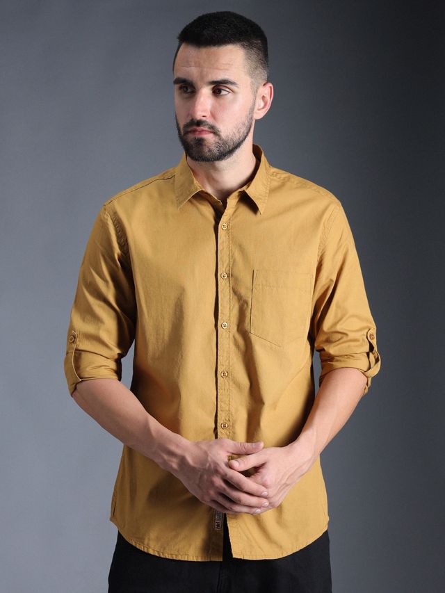 High Star Men Mustard Classic Roll Up Sleeves Pure Cotton Casual Shirt (Size-38)