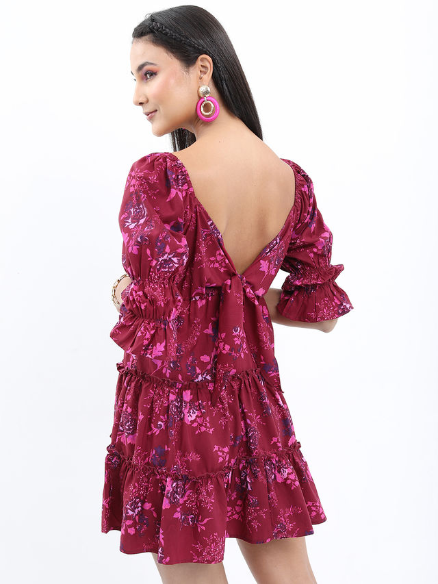 Tokyo Talkies Floral Printed Square Neck Fit And Flare Mini Dress | Violet - XL