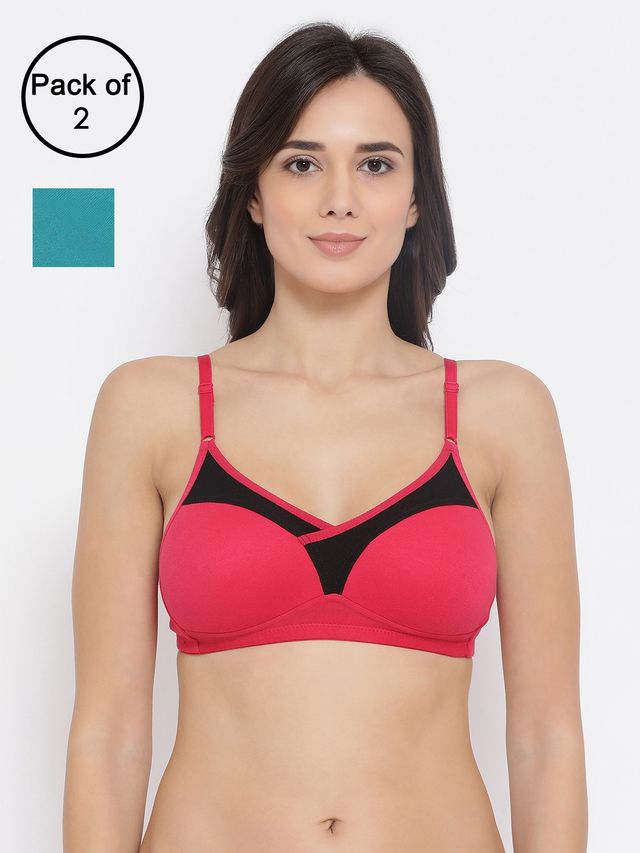 Clovia Women Non-Padded Non-Wired Full Coverage T-Shirt Bra - Dark Pink, Bright Blue | 32C