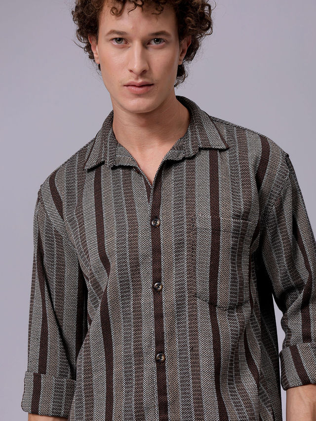 The Indian Garage Co Men's Relaxed Fit Striped Resort Shirt | Khaki - L