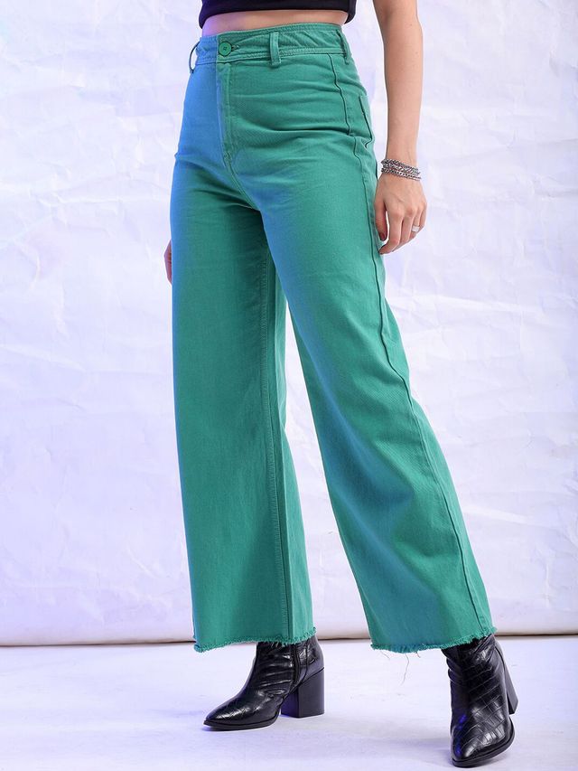 Freehand Women's High Rise Clean Look Over Dyed Bootcut Raw Edge Jeans | Green - 32