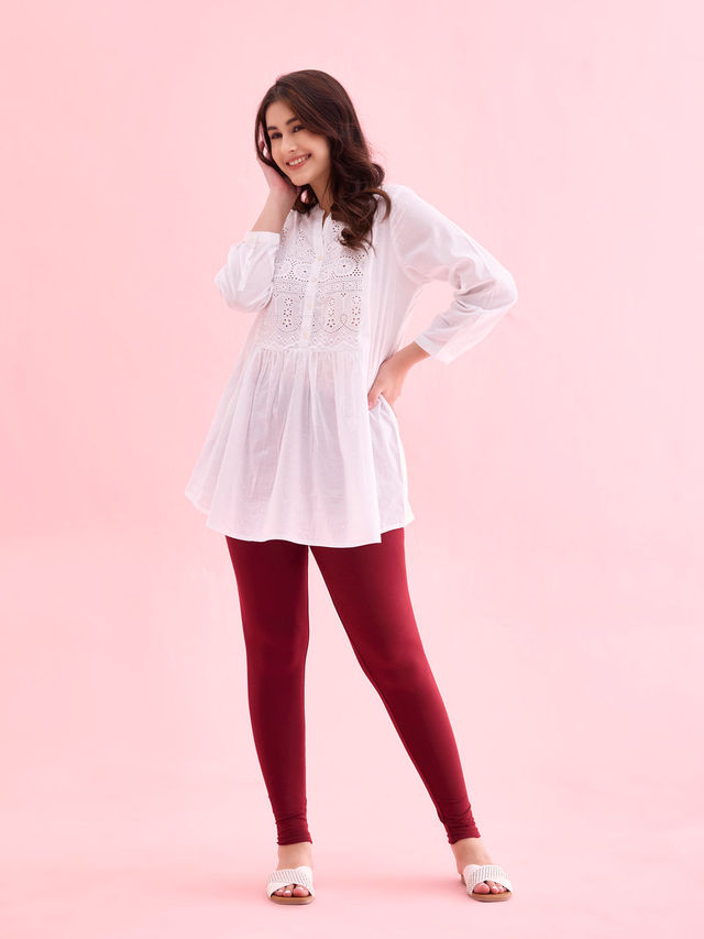 Go Colors Women's Solid Mid Rise Ankle Length Leggings | Maroon - 2XL