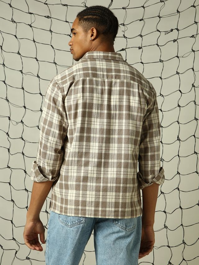 Hubberholme Men's Spread Collar Tartan Checks Double Pockets Oversized Casual Shirt | Beige - 40