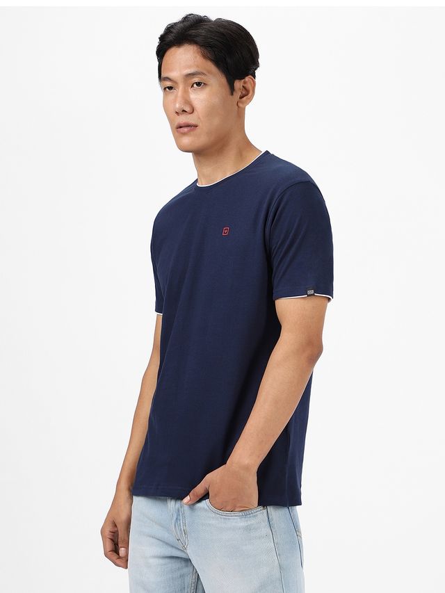 Urbano Fashion Men's Slim Fit Solid Round Neck Half Sleeve Cotton T-Shirt | Navy Blue - S