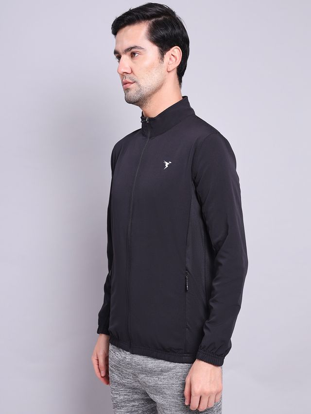 Technosport Men's Poly Solid Slim Fit Mock Neck Full Sleeve Sports Jacket | Black - XL