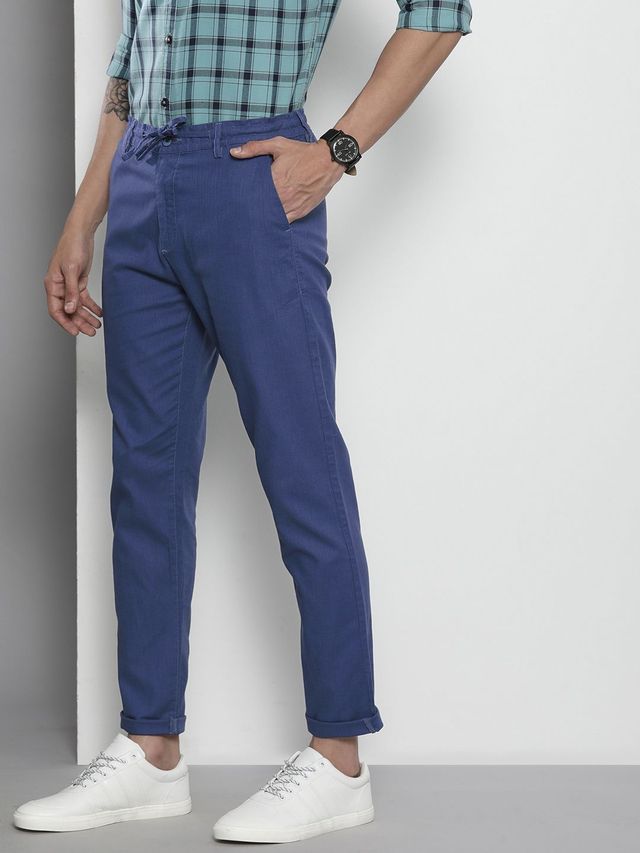 The Indian Garage Co Men's Slim Fit Solid Casual Linen Trousers | Blue Indigo - 32