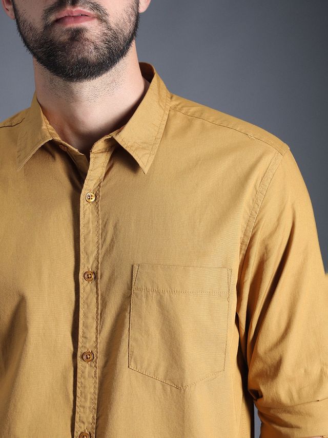 High Star Men Mustard Classic Roll Up Sleeves Pure Cotton Casual Shirt (Size-38)