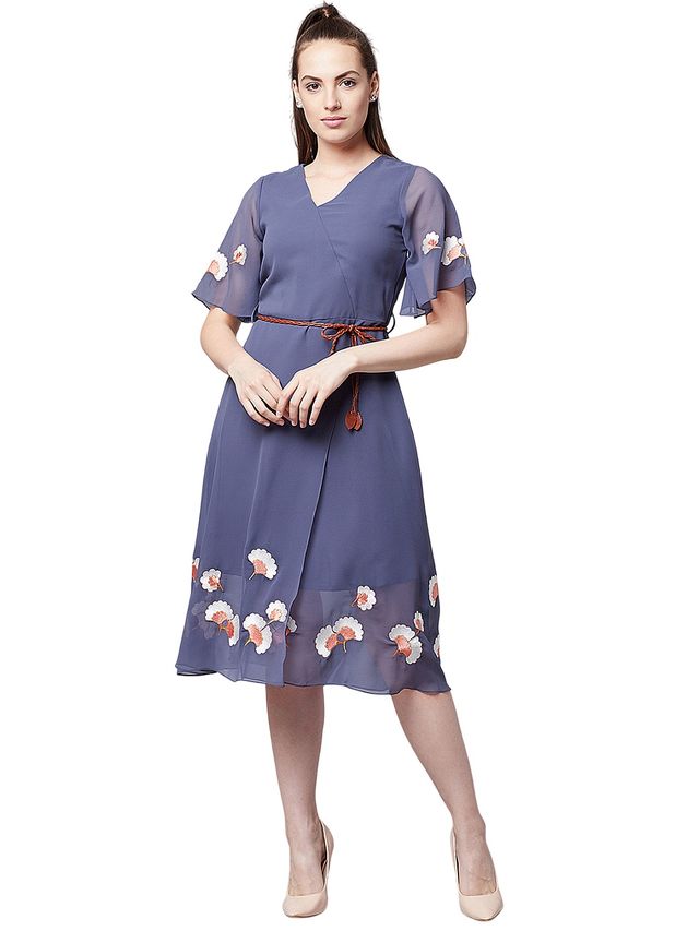 Athena Women's Solid Wrap Dress with Belt | Blue - S