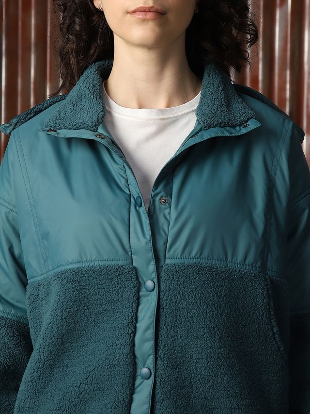 High Star Women's Self Design Shirt Collar Sweatshirt | Teal - S