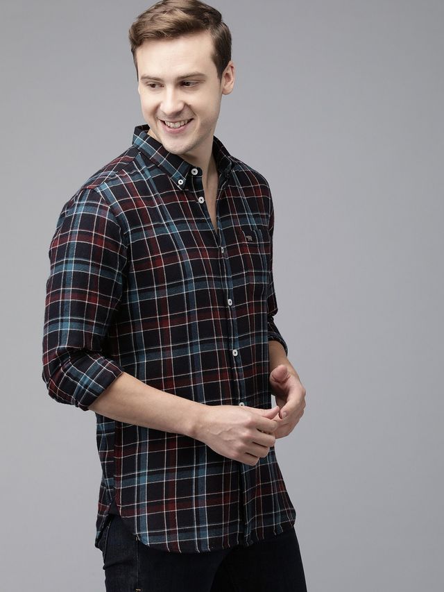 The Bear House Men Slim Fit Checked Button-Down Casual Shirt - Peru | Blue | L