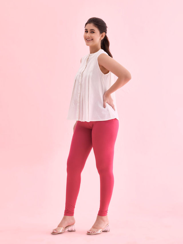 Go Colors Women's Solid Mid Rise Ankle Length Leggings | Fuchsia - M