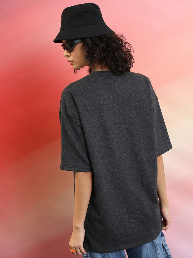 Tokyo Talkies Women's Graphic Printed Oversized T-Shirt | Charcoal - XL