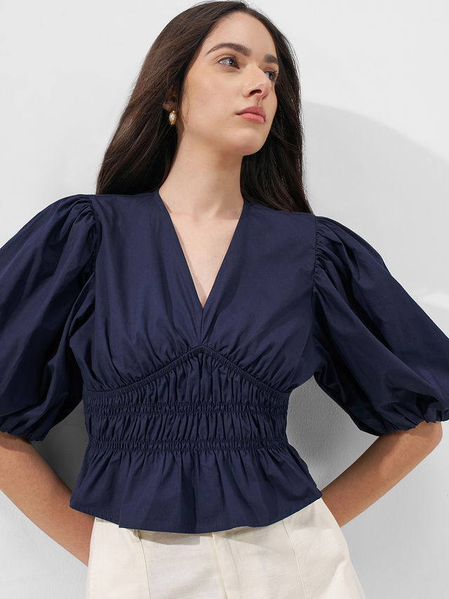 Tokyo Talkies Women Solid Puff Sleeve Neckline Top - Buy at ₹1449