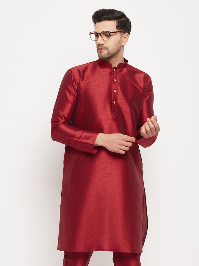 Vastramay Men's Silk Blend Kurta | Maroon - L