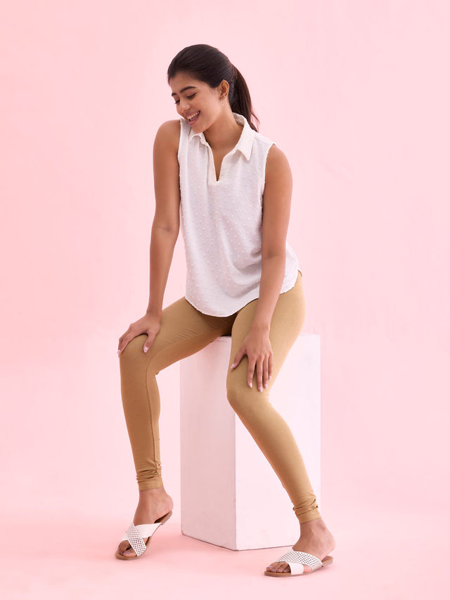 Go Colors Women's Solid Mid Rise Ankle Length Leggings | Beige - L