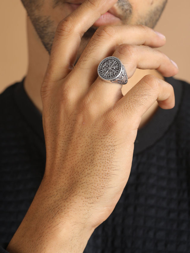 Bold By Priyaasi Trishul Chakra Silver-Plated Ring For Men