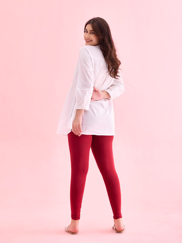 Go Colors Women's Solid Mid Rise Ankle Length Leggings | Bright Red - M