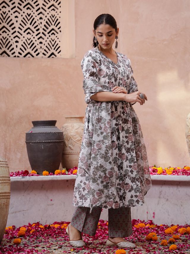 Rangdeep Floral Printed A-Line Pure Cotton Kurta with Trousers for Women s | Off White | XL